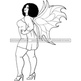 Afro Curvy Bodacious Woman Butterfly Wings Body Pose Puffy Afro Hairstyle B/W SVG JPG PNG Vector Clipart Cricut Silhouette Cut Cutting