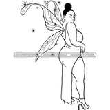 Afro Curvy Bodacious Woman Butterfly Wings Body Pose Updo Puffy Afro Hairstyle B/W SVG JPG PNG Vector Clipart Cricut Silhouette Cut Cutting