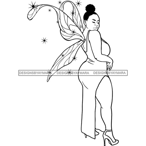 Afro Curvy Bodacious Woman Butterfly Wings Body Pose Updo Puffy Afro Hairstyle B/W SVG JPG PNG Vector Clipart Cricut Silhouette Cut Cutting