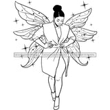 Afro Curvy Bodacious Woman Butterfly Wings Body Pose Cute Dress Updo Puffy Afro Hairstyle B/W SVG JPG PNG Vector Clipart Cricut Silhouette Cut Cutting