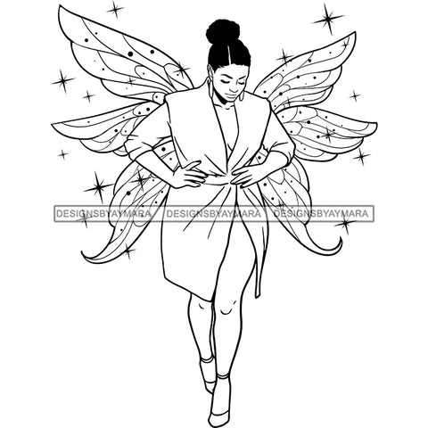 Afro Curvy Bodacious Woman Butterfly Wings Body Pose Cute Dress Updo Puffy Afro Hairstyle B/W SVG JPG PNG Vector Clipart Cricut Silhouette Cut Cutting