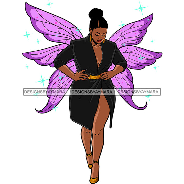 Afro Curvy Bodacious Woman Butterfly Wings Body Pose Cute Dress Updo Puffy Afro Hairstyle SVG JPG PNG Vector Clipart Cricut Silhouette Cut Cutting