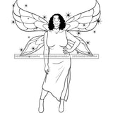 Afro Curvy Bodacious Woman Butterfly Wings Body Pose Long Dress Curly Hairstyle B/W SVG JPG PNG Vector Clipart Cricut Silhouette Cut Cutting