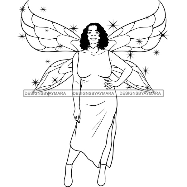 Afro Curvy Bodacious Woman Butterfly Wings Body Pose Long Dress Curly Hairstyle B/W SVG JPG PNG Vector Clipart Cricut Silhouette Cut Cutting