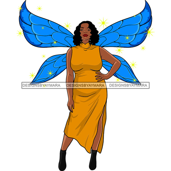 Afro Curvy Bodacious Woman Butterfly Wings Body Pose Long Dress Curly Hairstyle SVG JPG PNG Vector Clipart Cricut Silhouette Cut Cutting