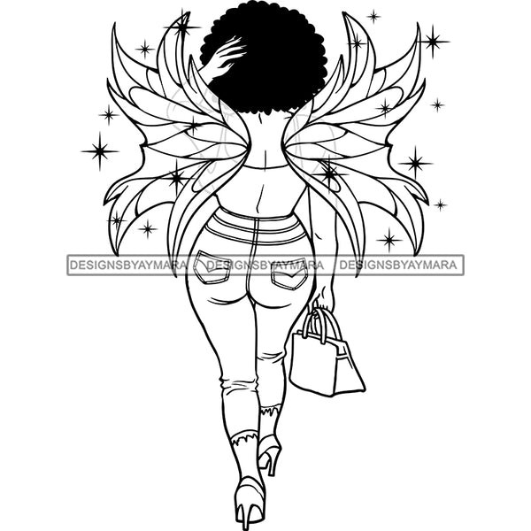 Afro Sassy Curvy Black Woman Butterfly Wings Walking Back Purse Fashion Style B/W SVG JPG PNG Vector Clipart Cricut Silhouette Cut Cutting