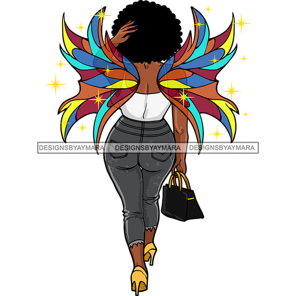 Afro Sassy Curvy Black Woman Butterfly Wings Walking Back Purse Fashion Style SVG JPG PNG Vector Clipart Cricut Silhouette Cut Cutting