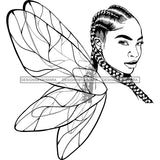 Afro Sassy Black Woman Butterfly Wings Cornrows Hairstyle B/W SVG JPG PNG Vector Clipart Cricut Silhouette Cut Cutting