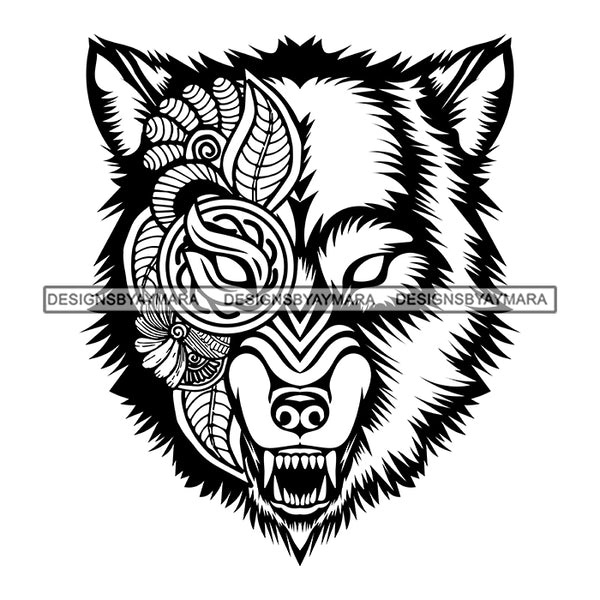 Wolf Face Leaf Flower Tattoo Horror Print Dangerous Long Teeth Open Mouth Animals Leaves Flowers Black And White SVG JPG PNG Vector Clipart Cricut Silhouette Cut Cutting