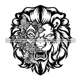 Growling Lion Face Flower Tattoo Horror Print Dangerous Long Teeth Open Mouth Animals Flowers Black And White SVG JPG PNG Vector Clipart Cricut Silhouette Cut Cutting