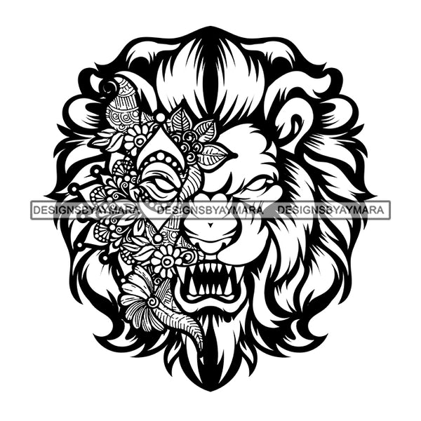 Growling Lion Face Flower Tattoo Horror Print Dangerous Long Teeth Open Mouth Animals Flowers Black And White SVG JPG PNG Vector Clipart Cricut Silhouette Cut Cutting