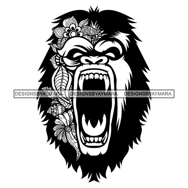 Gorilla Floral Face Wildlife Animal Kingdom Flowers Leaves Tattoo Ink Art B/W SVG JPG PNG Vector Clipart Cricut Silhouette Cut Cutting