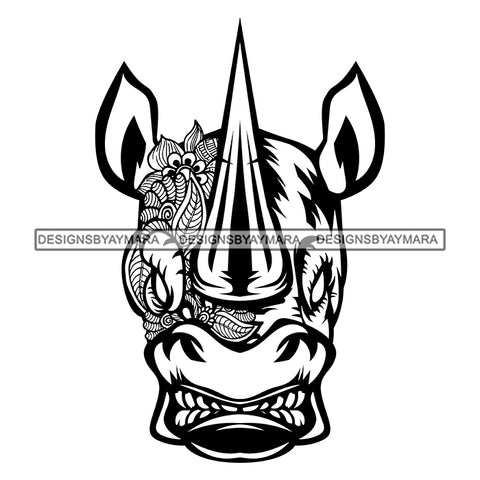 Rhino Floral Face Wildlife Animal Kingdom Flowers Leaves Tattoo Ink Art B/W SVG JPG PNG Vector Clipart Cricut Silhouette Cut Cutting