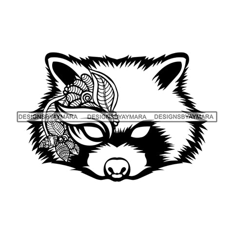 Raccoon Floral Face Wildlife Animal Kingdom Flowers Leaves Tattoo Ink Art B/W SVG JPG PNG Vector Clipart Cricut Silhouette Cut Cutting