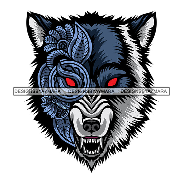 Blue Wolf Face Growling Leaf Flower Tattoo Horror Print Dangerous Long Teeth Open Mouth Animals Leaves Flowers Red Eyes SVG JPG PNG Vector Clipart Cricut Silhouette Cut Cutting