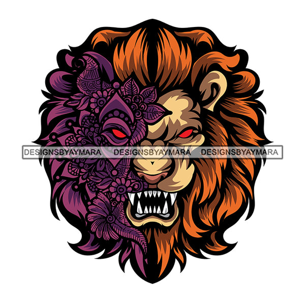 Growling Colorful Lion Face Flower Tattoo Horror Print Dangerous Long Teeth Open Mouth Animals Flowers Red Eyes SVG JPG PNG Vector Clipart Cricut Silhouette Cut Cutting