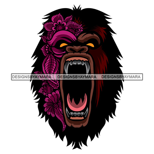 Gorilla Floral Face Wildlife Animal Kingdom Flowers Leaves Tattoo Ink Art SVG JPG PNG Vector Clipart Cricut Silhouette Cut Cutting