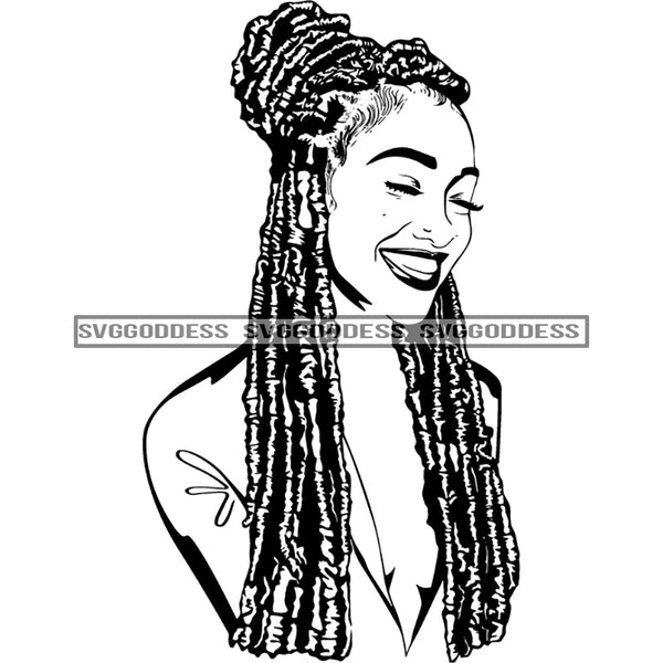 Afro Beauty Sexy Babe Smiling Happy Confident Dreadlocks Hairstyle B/W SVG JPG PNG Vector Clipart Cricut Silhouette Cut Cutting