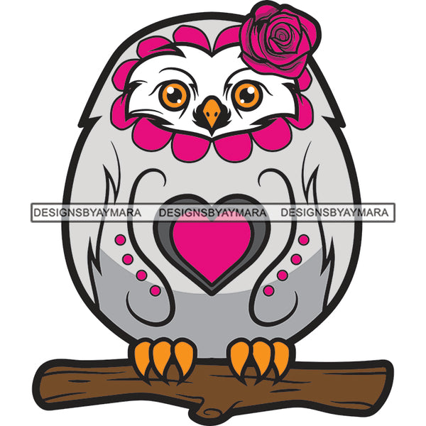 Colorful Great Horned Owl Animal Art Design Tattoo Pink Heart Rose Flower Animals Tree Branch SVG JPG PNG Vector Clipart Cricut Silhouette Cut Cutting