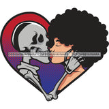 Scary Horror Skeleton Skull Head Kiss White Woman Curly Black Hairs Kissing True Love Soulmates Couple True Love Romantic Partners Romance Heart SVG JPG PNG Vector Clipart Cricut Silhouette Cut Cutting