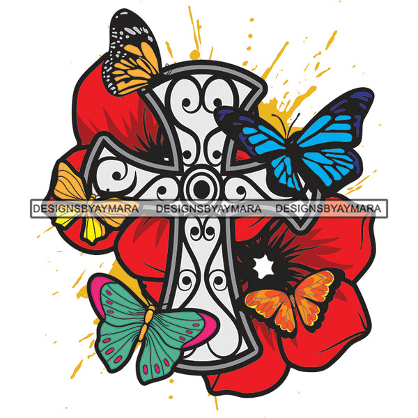 Printed Design Cross Colorful Butterflies Red Flowers Butterfly Flower Vector SVG JPG PNG Clipart Cricut Silhouette Cut Cutting