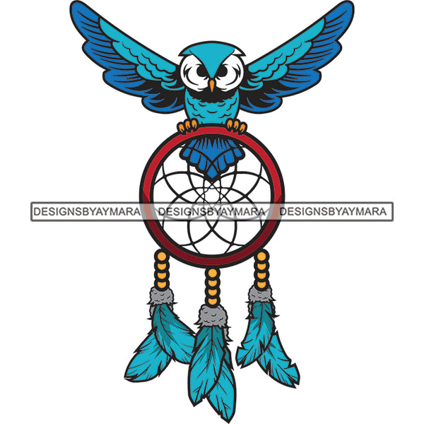 Blue Owl Open Wings Sitting On Dream Catcher Leaves SVG JPG PNG Vector Clipart Cricut Silhouette Cut Cutting