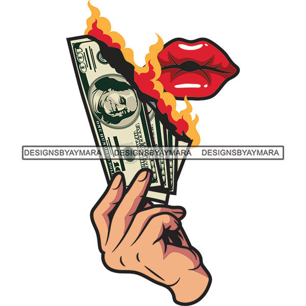 Pink Lips Blowing Air Burning Dollar Cash Money In White Hand Fire Flame SVG JPG PNG Vector Clipart Cricut Silhouette Cut Cutting