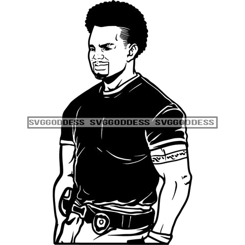 Afro Handsome Sexy Black Man Fashion Model Bearded Arm Tattoo Puffy Afro Hair B/W SVG JPG PNG Vector Clipart Cricut Silhouette Cut Cutting