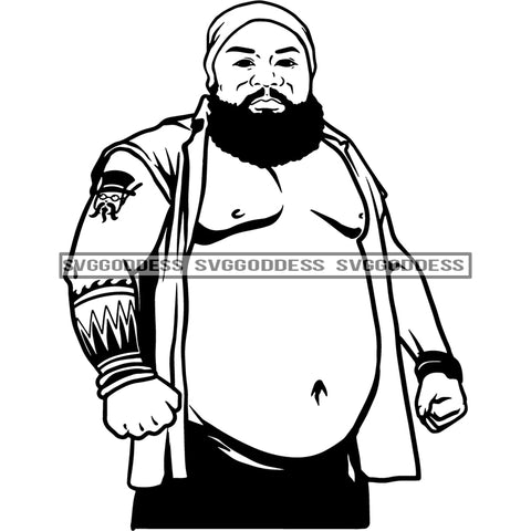 Afro Handsome Big Black Man Bearded Hipster Arm Tattoo Beanie Hat B/W SVG JPG PNG Vector Clipart Cricut Silhouette Cut Cutting