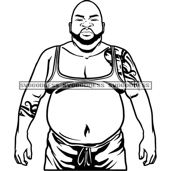 Afro Handsome Big Black Man Bearded Hipster Bald Arms Tattoo B/W SVG JPG PNG Vector Clipart Cricut Silhouette Cut Cutting