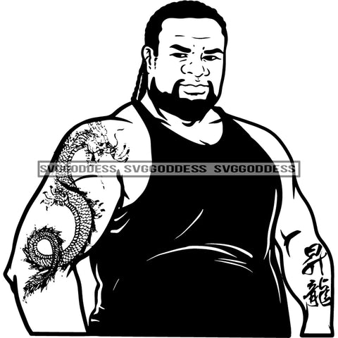 Afro Handsome Tick Black Man Bearded Hipster Arms Tattoo B/W SVG JPG PNG Vector Clipart Cricut Silhouette Cut Cutting