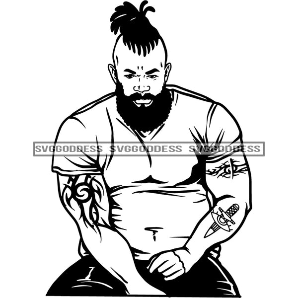 Afro Handsome Tick Black Man Bearded Hipster Arms Tattoo Rasta Dreads Hairstyle B/W SVG JPG PNG Vector Clipart Cricut Silhouette Cut Cutting