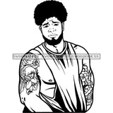 Afro Handsome Tick Black Man Bearded Hipster Arms Tattoo Puffy Afro Hairstyle B/W SVG JPG PNG Vector Clipart Cricut Silhouette Cut Cutting