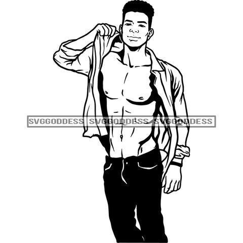 Afro Handsome Sexy Young Black Man Fashion Model Open Shirt Fade Haircut B/W SVG JPG PNG Vector Clipart Cricut Silhouette Cut Cutting