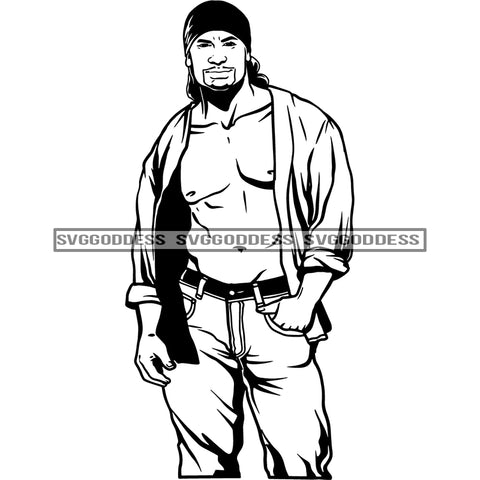 Afro Handsome Sexy Black Man Fashion Model Bearded Bandana Open Shirt B/W SVG JPG PNG Vector Clipart Cricut Silhouette Cut Cutting