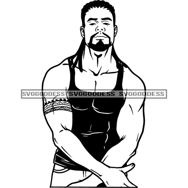 Afro Handsome Sexy Black Man Fashion Model Bearded Hipster Arm Tattoo B/W SVG JPG PNG Vector Clipart Cricut Silhouette Cut Cutting