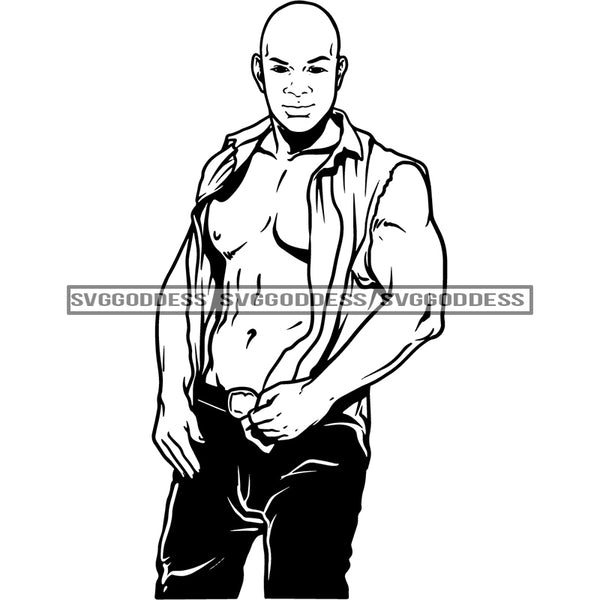 Afro Handsome Sexy Black Man Fashion Model Open Shirt Bald Hairstyle B/W SVG JPG PNG Vector Clipart Cricut Silhouette Cut Cutting