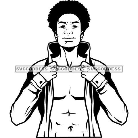 Afro Handsome Sexy Black Man Fashion Model Open Shirt Puffy Afro Hairstyle B/W SVG JPG PNG Vector Clipart Cricut Silhouette Cut Cutting