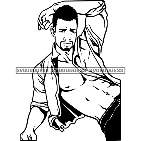 Afro Handsome Sexy Black Man Fashion Model Bearded Hipster Open Shirt Curly Hair B/W SVG JPG PNG Vector Clipart Cricut Silhouette Cut Cutting