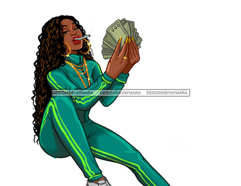 Sexy Black Sister Teal Track Suit Holding Handful Cash Money Dollars Smoking Blunt Joint Gold Necklace Gold Earrings Graphic  Skillz JPG PNG  Clipart Cricut Silhouette Cut Cutting