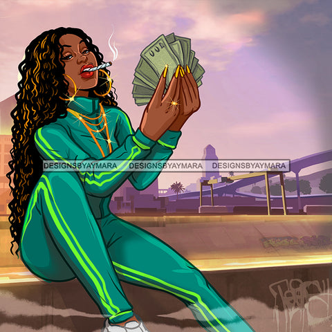 Sexy Black Sister Teal Track Suit Holding Handful Cash Money Dollars Smoking Blunt Joint Gold Necklace Gold Earrings Scenic Background Graphic  Skillz JPG PNG  Clipart Cricut Silhouette Cut Cutting