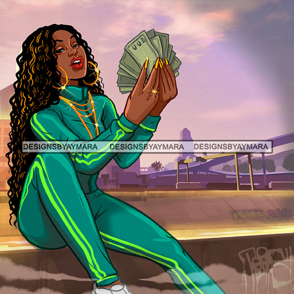 Afro Goddess Hustle Black Woman Hipster Girl Money Maker Nubian Queen Melanin PNG JPG