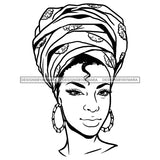 Afro Lady Black Goddess Melanin Bamboo Hoop Earrings Turban Hairstyle B/W SVG JPG PNG Vector Clipart Cricut Silhouette Cut Cutting