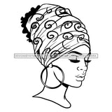 Afro Lady Black Goddess Melanin Bamboo Hoop Earrings Headwrap Hairstyle B/W SVG JPG PNG Vector Clipart Cricut Silhouette Cut Cutting