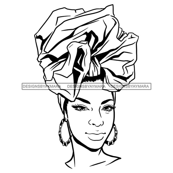 Afro Lady Black Goddess Melanin Culture History Hoop Earrings Headwrap Hairstyle B/W SVG JPG PNG Vector Clipart Cricut Silhouette Cut Cutting