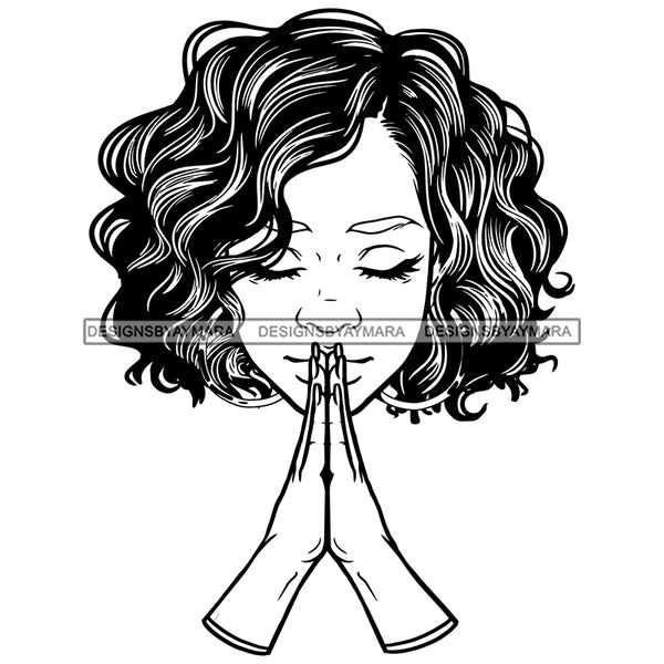 Afro Beautiful Woman Praying Holy Spirit Faith Chin Length Wavy Hairstyle B/W SVG JPG PNG Vector Clipart Cricut Silhouette Cut Cutting