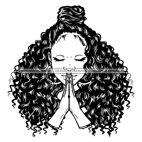 Afro Beautiful Woman Praying Holy Spirit Faith Long Curly Bun Hairstyle B/W SVG JPG PNG Vector Clipart Cricut Silhouette Cut Cutting