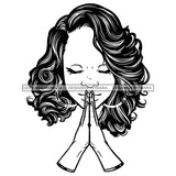 Afro Beautiful Woman Praying Holy Spirit Faith Shoulder Length Wavy Hairstyle B/W SVG JPG PNG Vector Clipart Cricut Silhouette Cut Cutting