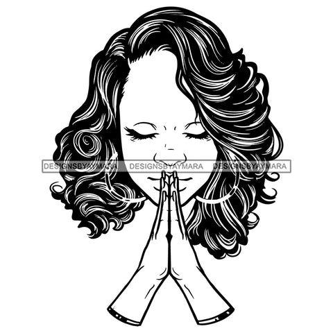 Afro Beautiful Woman Praying Holy Spirit Faith Shoulder Length Wavy Hairstyle B/W SVG JPG PNG Vector Clipart Cricut Silhouette Cut Cutting