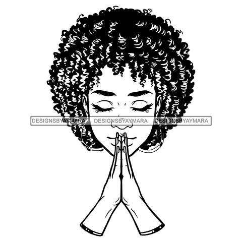 Afro Beautiful Woman Praying Holy Spirit Faith Puffy Afro Hairstyle B/W SVG JPG PNG Vector Clipart Cricut Silhouette Cut Cutting